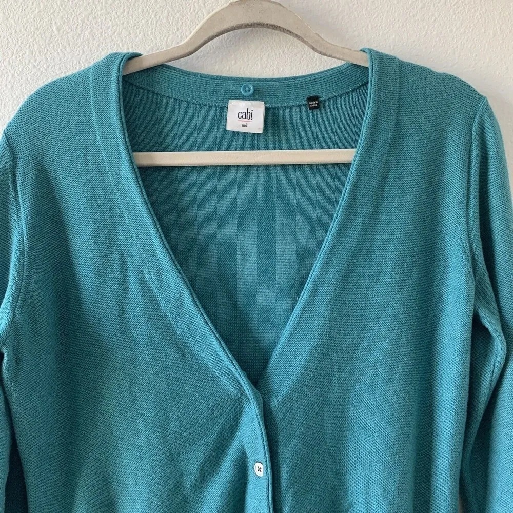 CAbi Sweater Cardigan Med Teal V-Neck Button Front Back Belt Cotton/Rayon